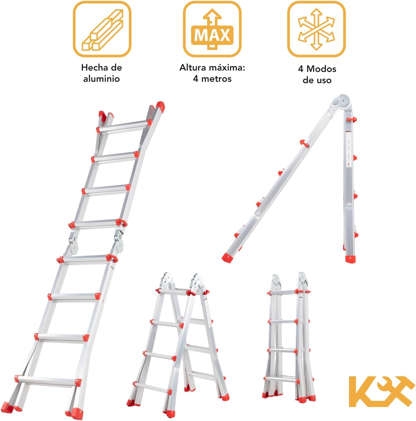 Kingsman | Escalera Multiposiciones 12 Peldaños con Charolas – Soporta hasta 150 kg – Escalera de Aluminio 3.5 MTS – Plegable – Escalera Multipropósito – Tipo Tijera – Andamio – Escalera Recta