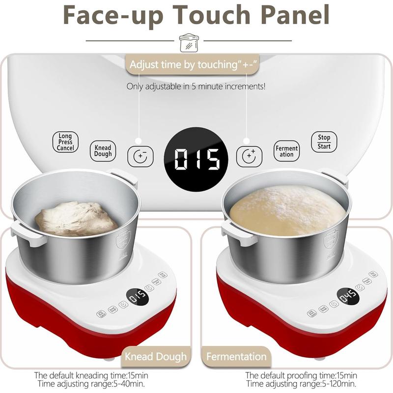 Amasadora eléctrica DoughChief de 7 litros con función de fermentación, amasadora con bol de acero inoxidable 304, control por microprocesador, panel táctil frontal y fácil de limpiar, ideal para pan y pizza.