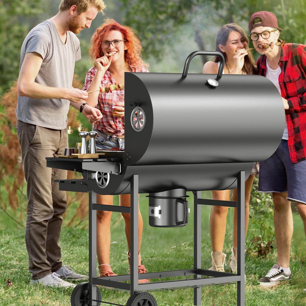 MXLENOBLE Asador de Carbon con Rotación Eléctrica,MXLENOBLE Parrilla de Carbón con temperatura controlada en Forma de Barril (Rotación-Grande - horno individual)