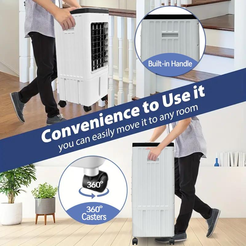 Portable Air Cooler Fan, 3-IN-1 Evaporative Tank Fan Swamp Cooler aire acondicionado portatil with Remote, 3 Modes 3 Speeds &12H Timer, 1.16/9.5Gal ,4 Ice Packs & 4 Wheels, 45° Oscillation, Quiet for Room Home Office