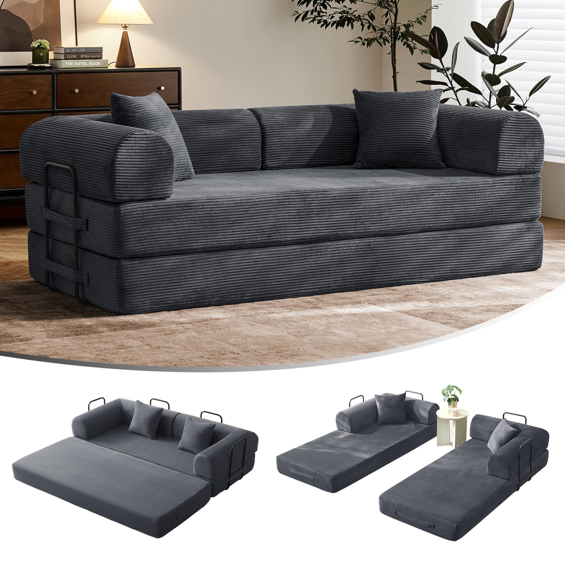 Sofá cama convertible de 79 pulgadas, sofá sin huesos, para sala de estar, gris oscuro