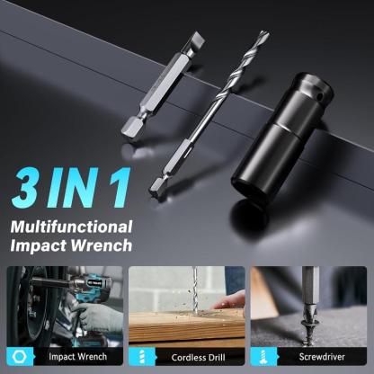 Llave de impacto sin escobillas GEVEELIFE 750Nm 3 en 1 de 1/2", inalámbrica, 3300 RPM, 2 baterías de 4.0 Ah, 6 vasos. Ideal para coches, bricolaje, muebles y cortacéspedes.