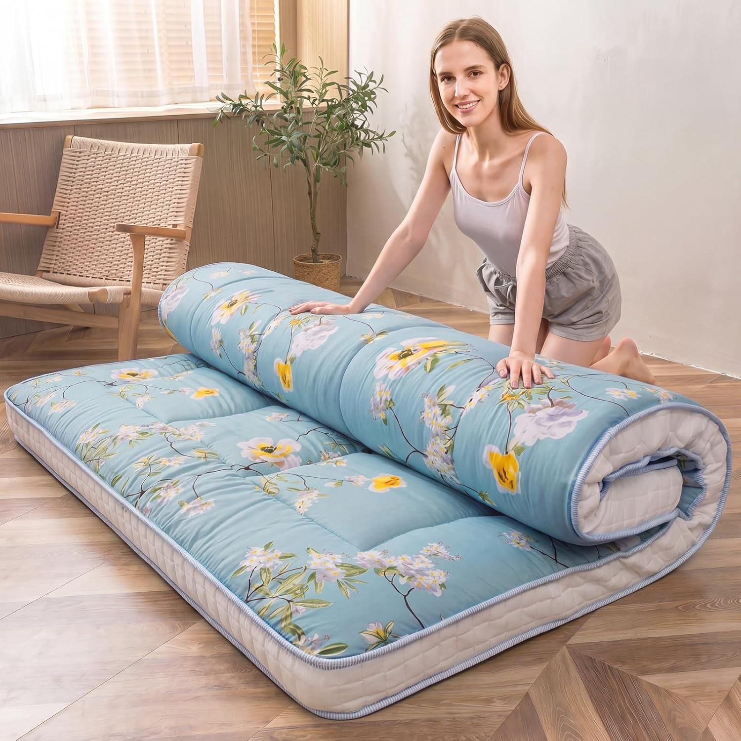 MAXYOYO - Puf plegable para sofá, cama, colchón de piso para adultos, extra grueso, 6 pliegues, sofá para recámara, sala de estar, beige, 135 x 240 cm