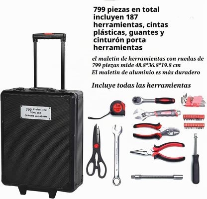 Arcwares Juego de herramientas de aluminio de 799 piezas, color plateado, juego de herramientas de mano para el hogar, con cinturón de herramientas, regalo en el día del padre (negro)