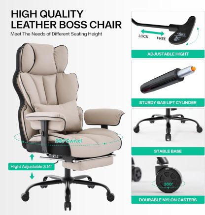 Gzagdecr - Silla de oficina grande y alta de 400 libras, silla de juego de piel sintético con respaldo alto, silla reclinable, silla de oficina ergonómica ejecutiva, soporte lumbar, silla de