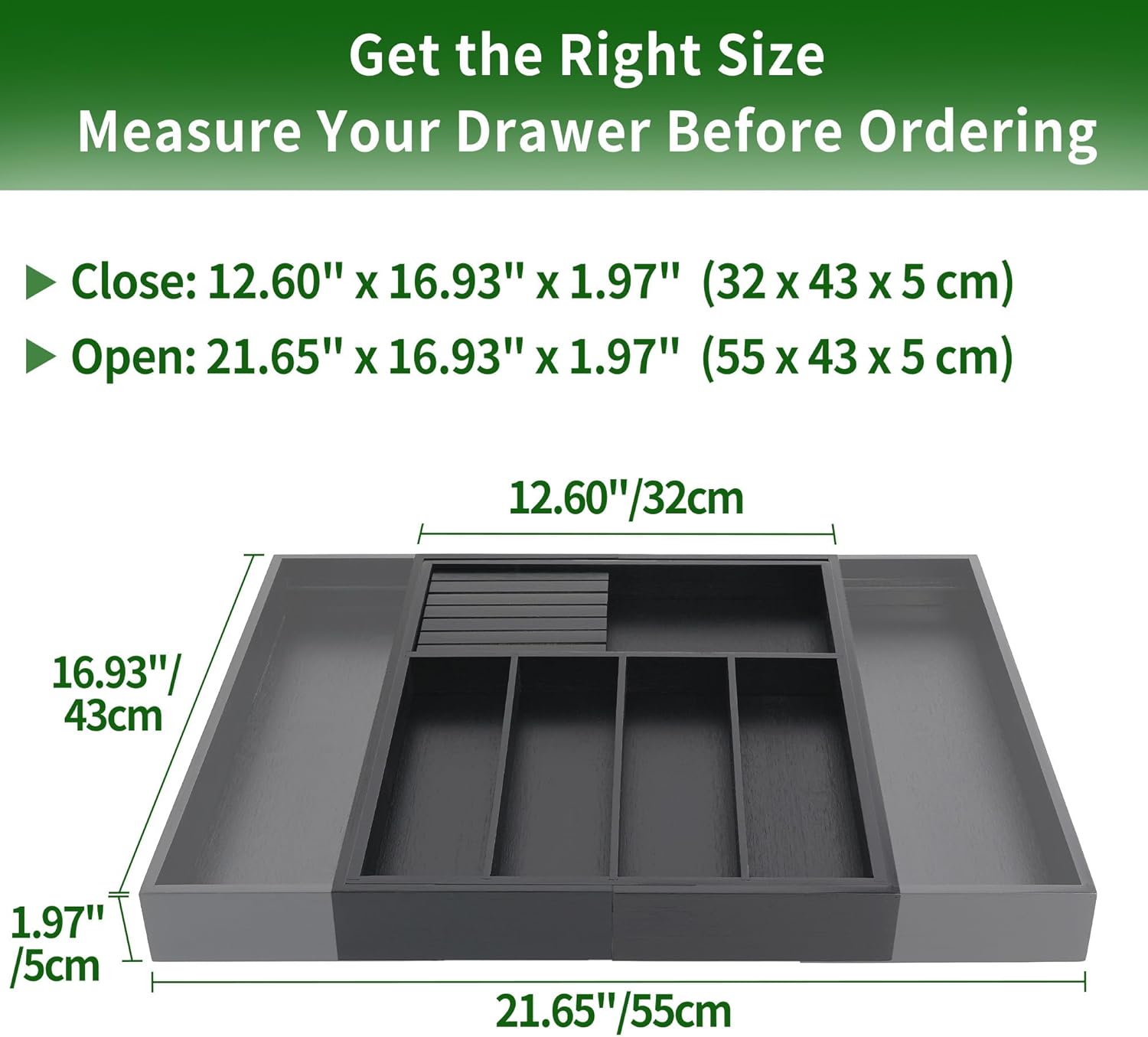 VaeFae Cocina, soporte para utensilios extensibles y bandeja de cubiertos con Divider de 13" -21,6 "de superficie plana y bloque de cuchildesmontable (negro)
