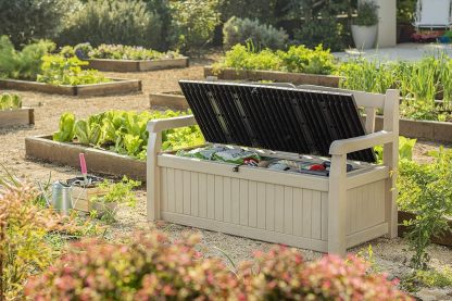 Keter Banco de jardín Eden, Caja de Almacenamiento de Jardin, Cerradura, Polipropileno, Blanco y Marrón