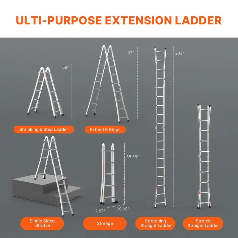 Escalera telescópica de 12.5 pies — De aluminio, ligera, multiusos y plegable — Retracción con un solo toque — Alta resistencia (capacidad máx. de 330 lb) con pies antideslizantes — Ideal para el hogar, trabajos al aire libre y acceso a desvanes.