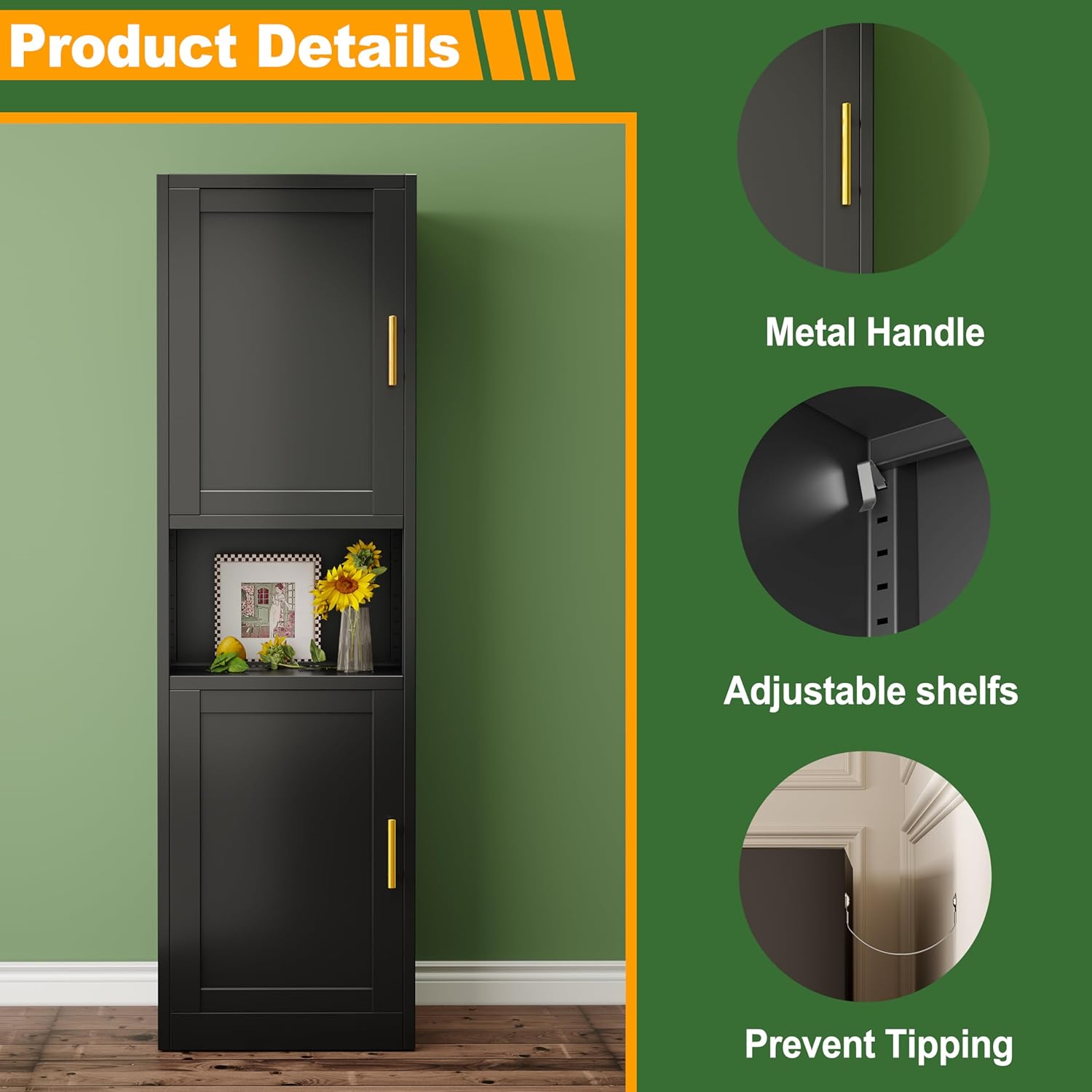 Ckzbx Gabinete de cocina de metal de 61 pulgadas de alto con 4 puertas, armarios de baño, 2 estantes ajustables para cocina, oficina en casa, sala de estar, comedor (negro)