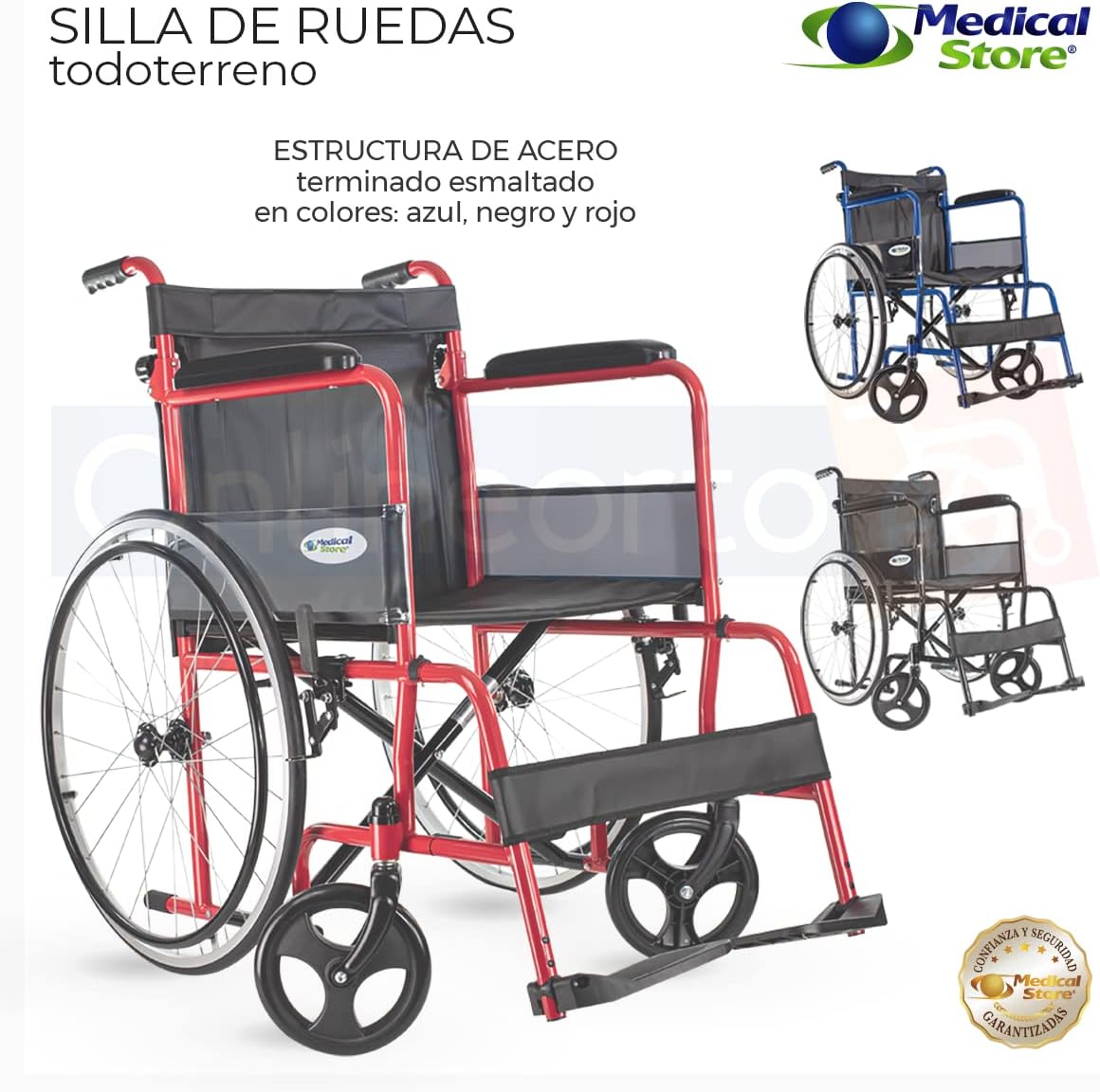 MEDICAL STORE Silla de Ruedas, Modelo 809F, Acero Resistente, Descansapies Desmontables, Descansabrazos Fijos Rectos, Asiento y Respaldo de Vinil Alta Resistencia. (ROJO)
