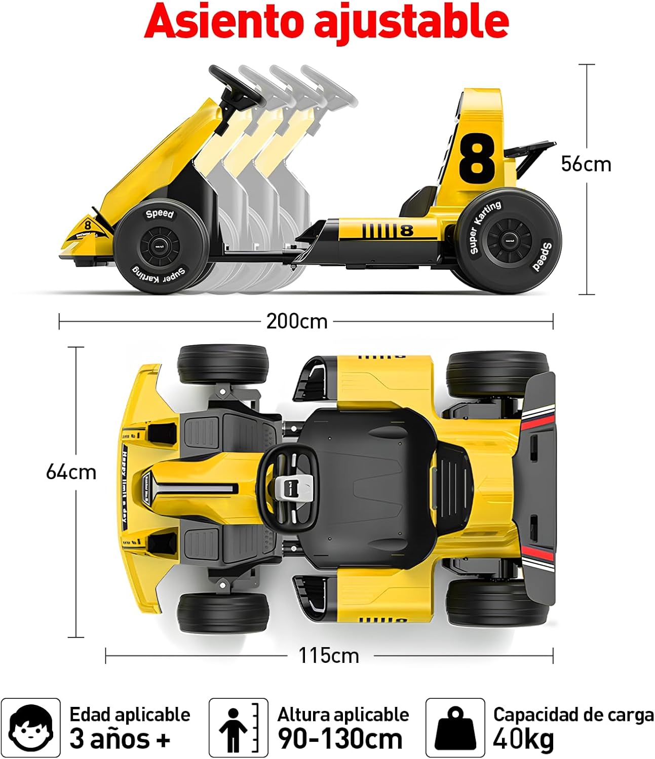 HONEYWHALE Go Kart Eléctrico para Niños con Asiento Ajustable, Modo Control Remoto, Velocidad Máxima 4km/h, Carro Electrico Niño Montable con Luz Led y Musica, Moto Electrica Infantil Niño