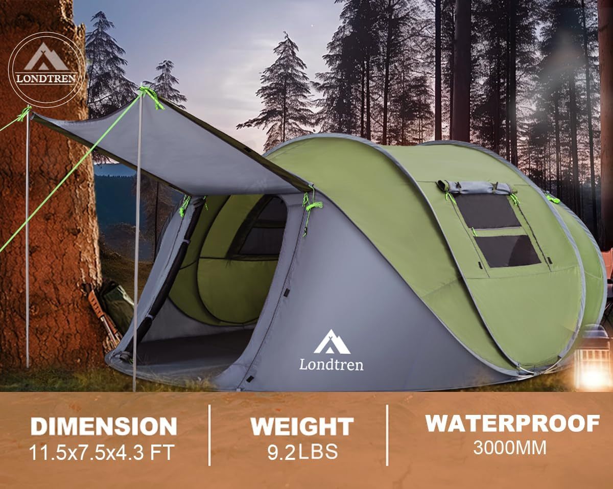 Tienda de campaña para 4 personas, fácil de desplegar e impermeable, configuración automática, 2 puertas, tiendas de campaña familiares instantáneas para camping, senderismo y viajes