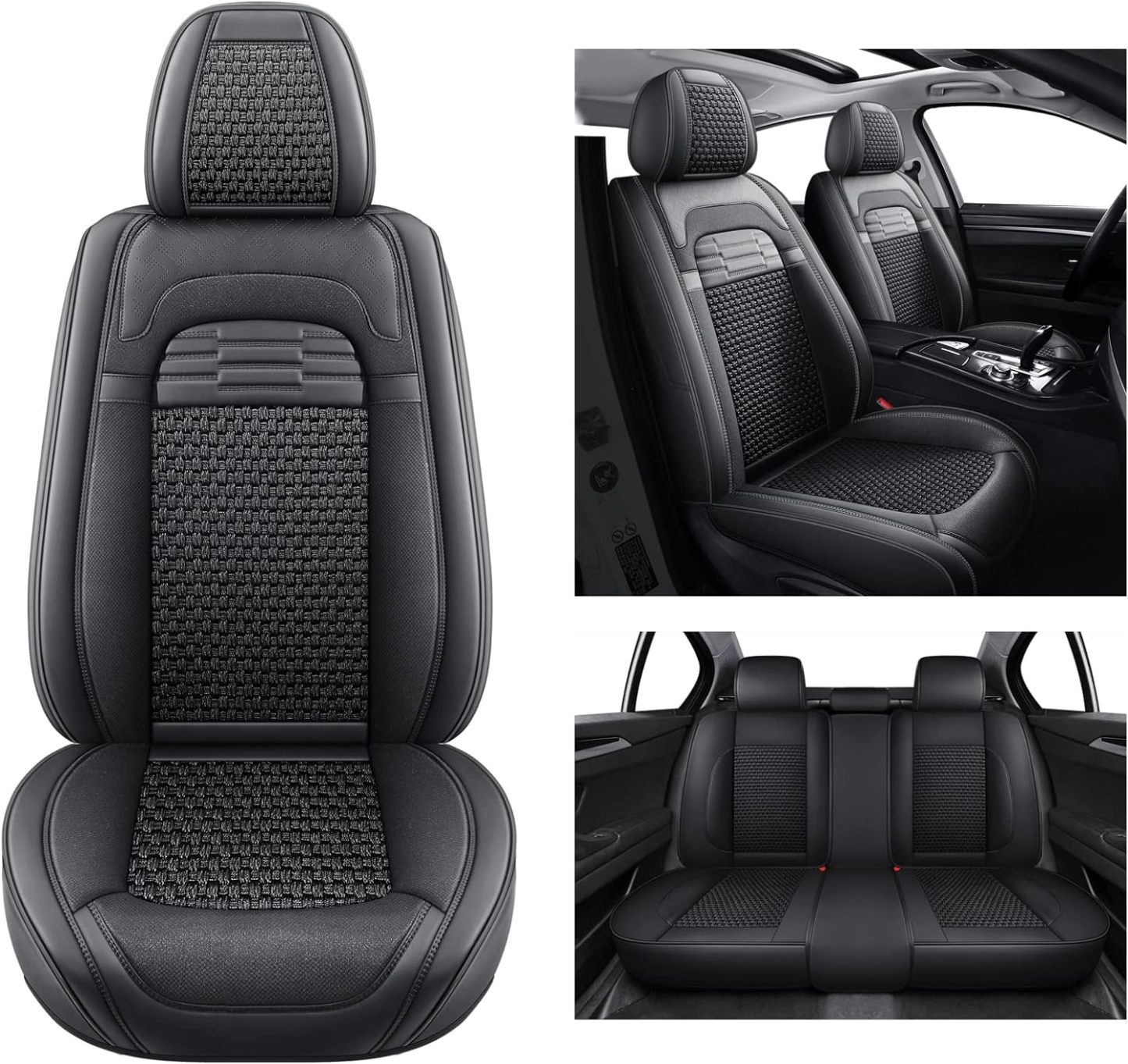 hikeaglauto Juego completo de fundas de asiento de coche, de piel sintética para autos, SUV, súper transpirables, universales, para la mayoría de los sedanes (juego completo, negro)