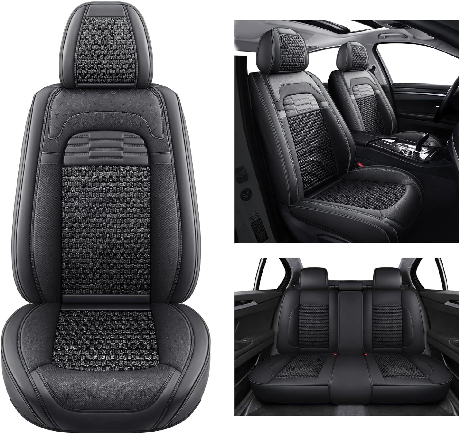 hikeaglauto Juego completo de fundas de asiento de coche, de piel sintética para autos, SUV, súper transpirables, universales, para la mayoría de los sedanes (juego completo, negro)