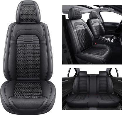 hikeaglauto Juego completo de fundas de asiento de coche, de piel sintética para autos, SUV, súper transpirables, universales, para la mayoría de los sedanes (juego completo, negro)