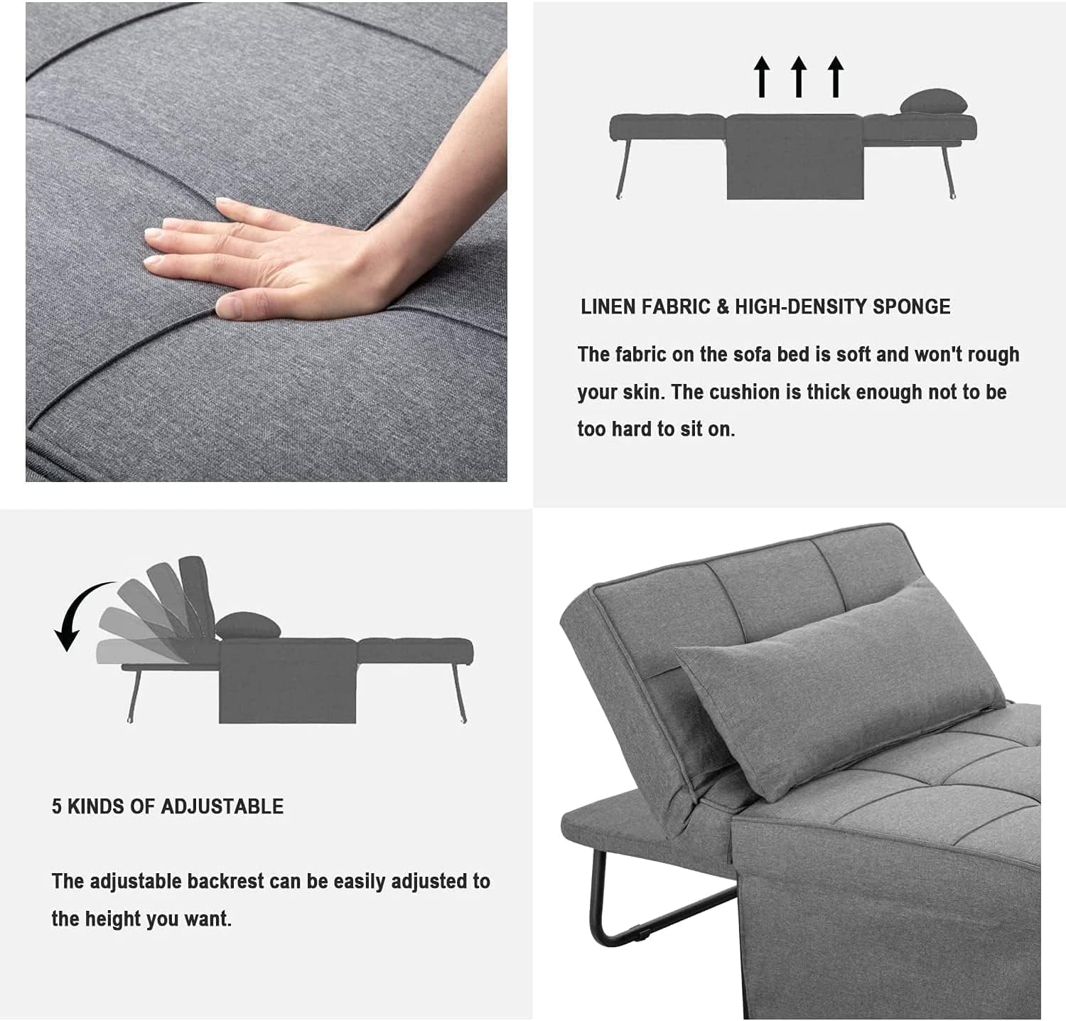 Sofá Cama, Cama otomana Plegable multifunción 4 en 1, Moderna Silla Convertible con Respaldo Ajustable, para Sala de Estar, Departamento pequeño, Gris Claro