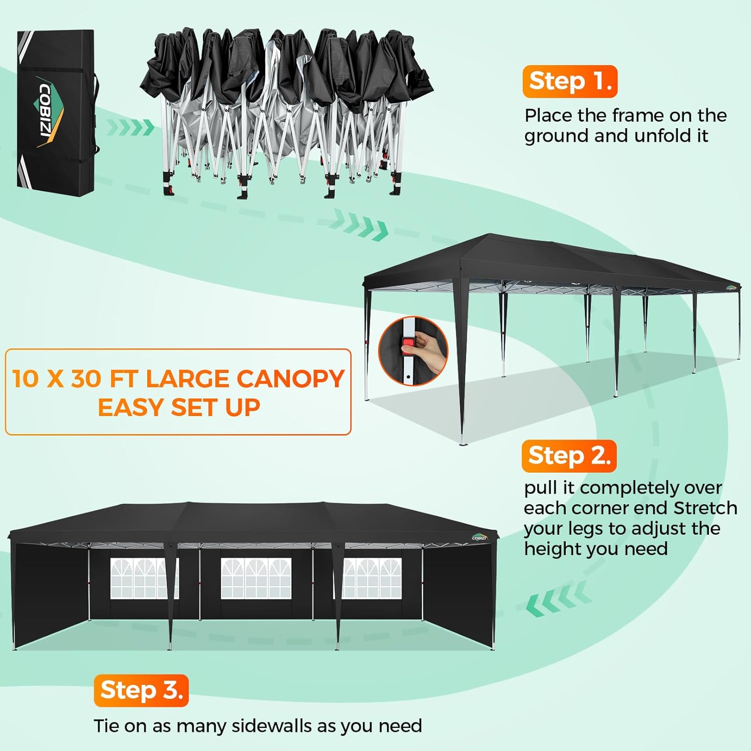 COBIZI - Toldo desplegable de 10 x 20 Pulgadas con 6 Paredes Laterales, toldo Impermeable para Eventos al Aire última intervensión, UPF 50+ cenador portátil para Fiestas, Playa, Camping, Boda,