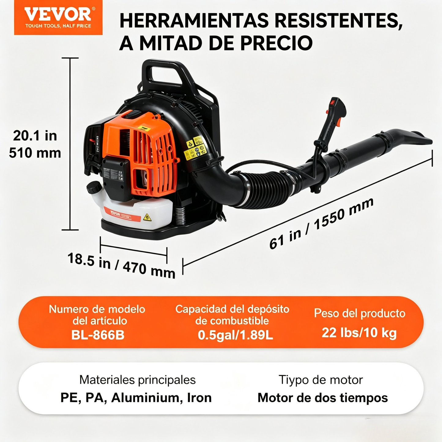VEVOR - Soplador de Hojas de Gas de 79 CC, soplador de Mochila de Gas de 2 ciclos con Tanque de Combustible de 3 litros, Volumen de Aire de 930 CFM, Velocidad de 184 mph, Ideal para el Cuidado del