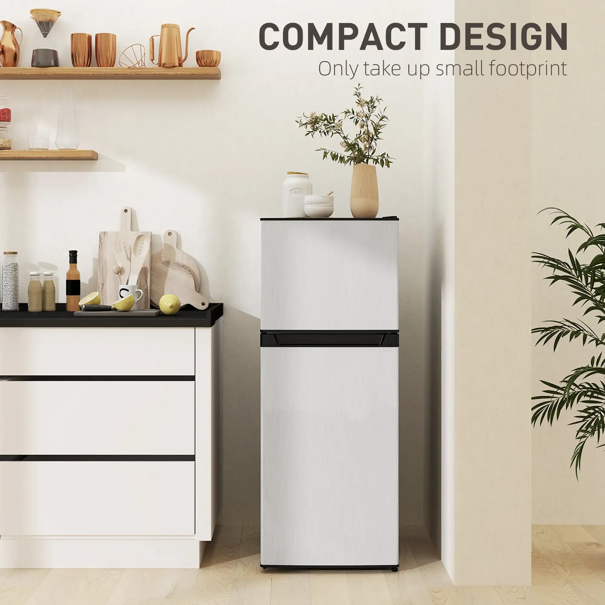 ❄️HOMCOM 3.2/4 Cu.Ft Mini Fridge with Freezer, Double Door Compact Refrigerator with Adjustable Thermostat, Shelf and Reversible Door for Bedroom, Dorm, Home Office, Energy Efficient