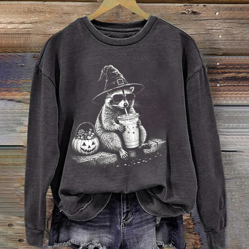 Halloween Funny Witch Raccoon Iced Coffee Sweatshirt