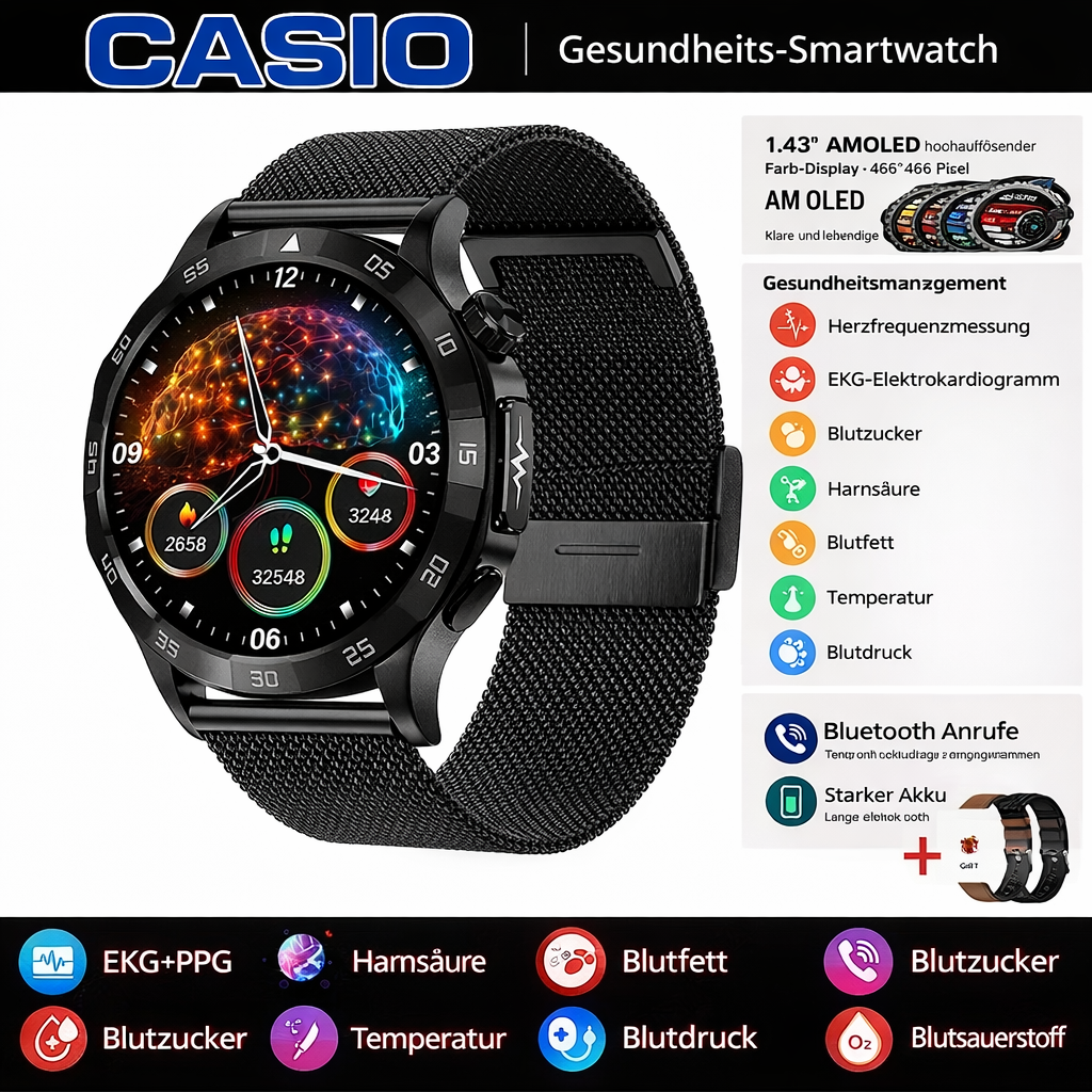 👉 CASIO AI – Intelligente medizinische Smartwatch 2026 ⌚️ EKG + PPG, Überwachung von Blutzucker, Fett und Harnsäure – Gesundheit und Stil in einem! 🏃‍♂️