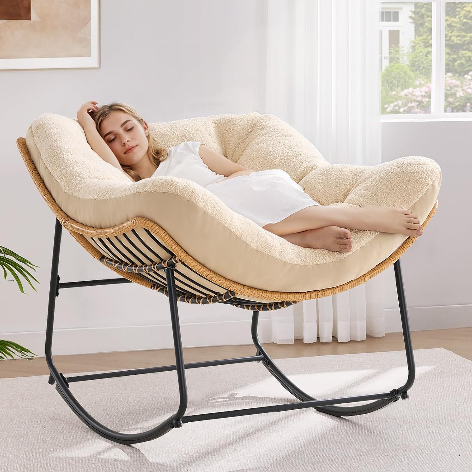 💥 Buy 2 Get 2 Free 💝Oversized Papasan Rocking Chair with Padded Cushions for outdoor/indoor