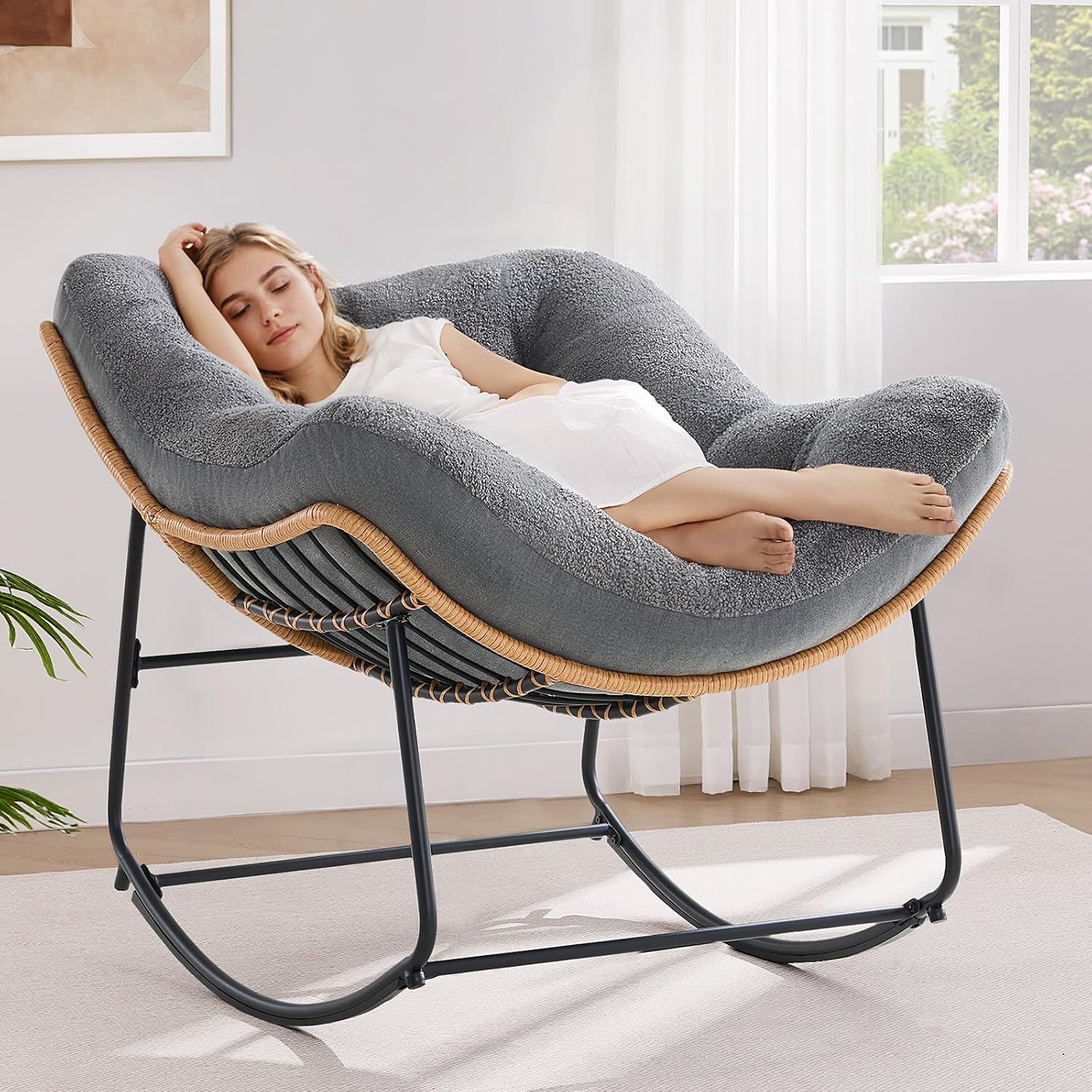 💥 Buy 2 Get 2 Free 💝Oversized Papasan Rocking Chair with Padded Cushions for outdoor/indoor