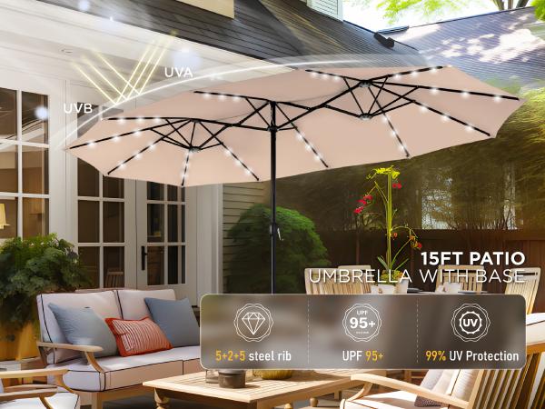 [Mother's Day Gift] Phivilla Home 15ft Large Outdoor Patio Umbrella with Base – LED Light Option, Double-Sided, Crank Handle, Waterproof
