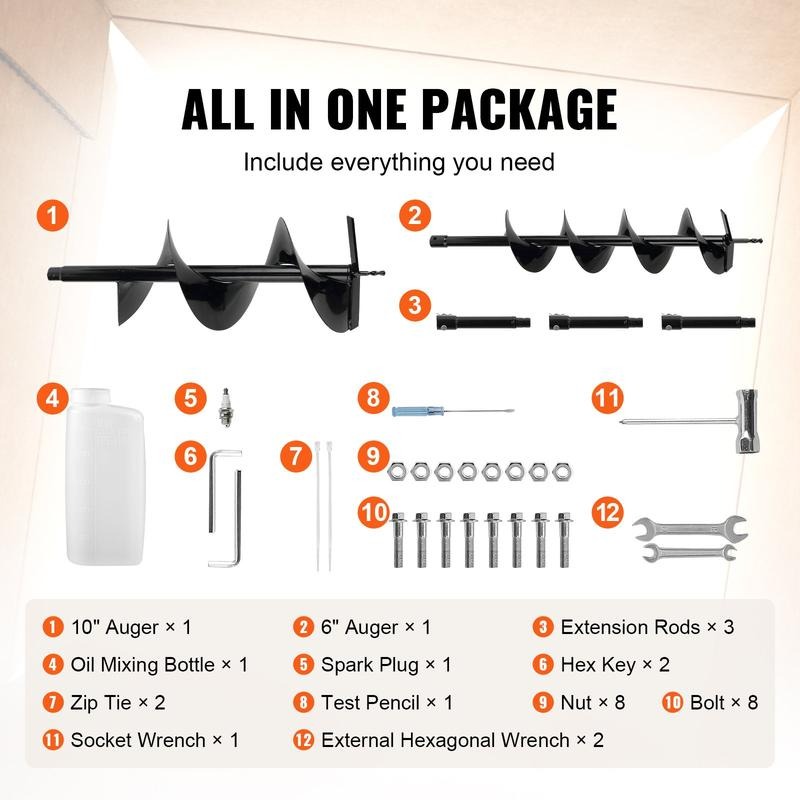 Post Hole Digger, 52cc 1450W Auger Post Hole Digger, Gas Powered Earth Digger with Two Earth Auger Drill Bit 6" & 10" and 3 Extension Rods