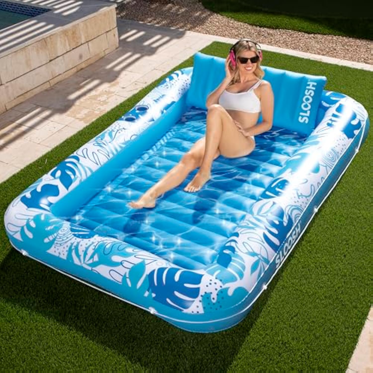 💝𝗧𝗼𝗱𝗮𝘆'𝘀 𝗦𝗽𝗲𝗰𝗶𝗮𝗹𝘀💝Buy 2 Get 2 Free💥Sloosh-L/XL Inflatable Tanning Pool Lounge Float With Cup Holder, 85″ x 57″ More Large Sun Tan Tub Adult Pool Floats Raft