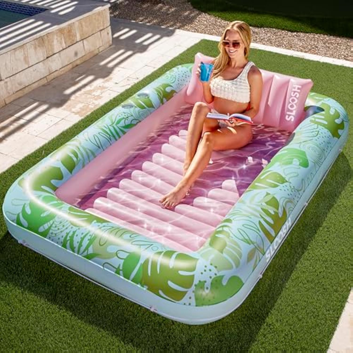 💝𝗧𝗼𝗱𝗮𝘆'𝘀 𝗦𝗽𝗲𝗰𝗶𝗮𝗹𝘀💝Buy 2 Get 2 Free💥Sloosh-L/XL Inflatable Tanning Pool Lounge Float With Cup Holder, 85″ x 57″ More Large Sun Tan Tub Adult Pool Floats Raft
