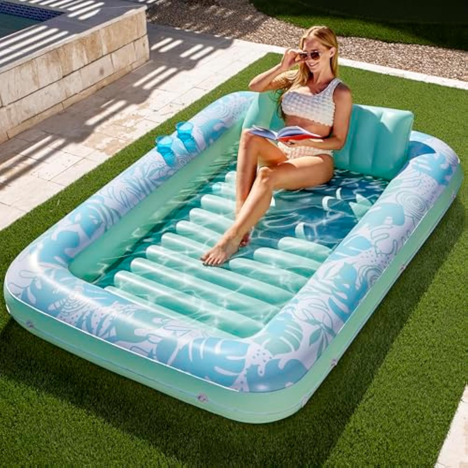 💝𝗧𝗼𝗱𝗮𝘆'𝘀 𝗦𝗽𝗲𝗰𝗶𝗮𝗹𝘀💝Buy 2 Get 2 Free💥Sloosh-L/XL Inflatable Tanning Pool Lounge Float With Cup Holder, 85″ x 57″ More Large Sun Tan Tub Adult Pool Floats Raft