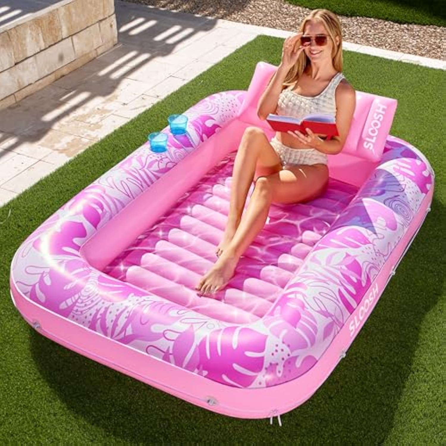 💝𝗧𝗼𝗱𝗮𝘆'𝘀 𝗦𝗽𝗲𝗰𝗶𝗮𝗹𝘀💝Buy 2 Get 2 Free💥Sloosh-L/XL Inflatable Tanning Pool Lounge Float With Cup Holder, 85″ x 57″ More Large Sun Tan Tub Adult Pool Floats Raft