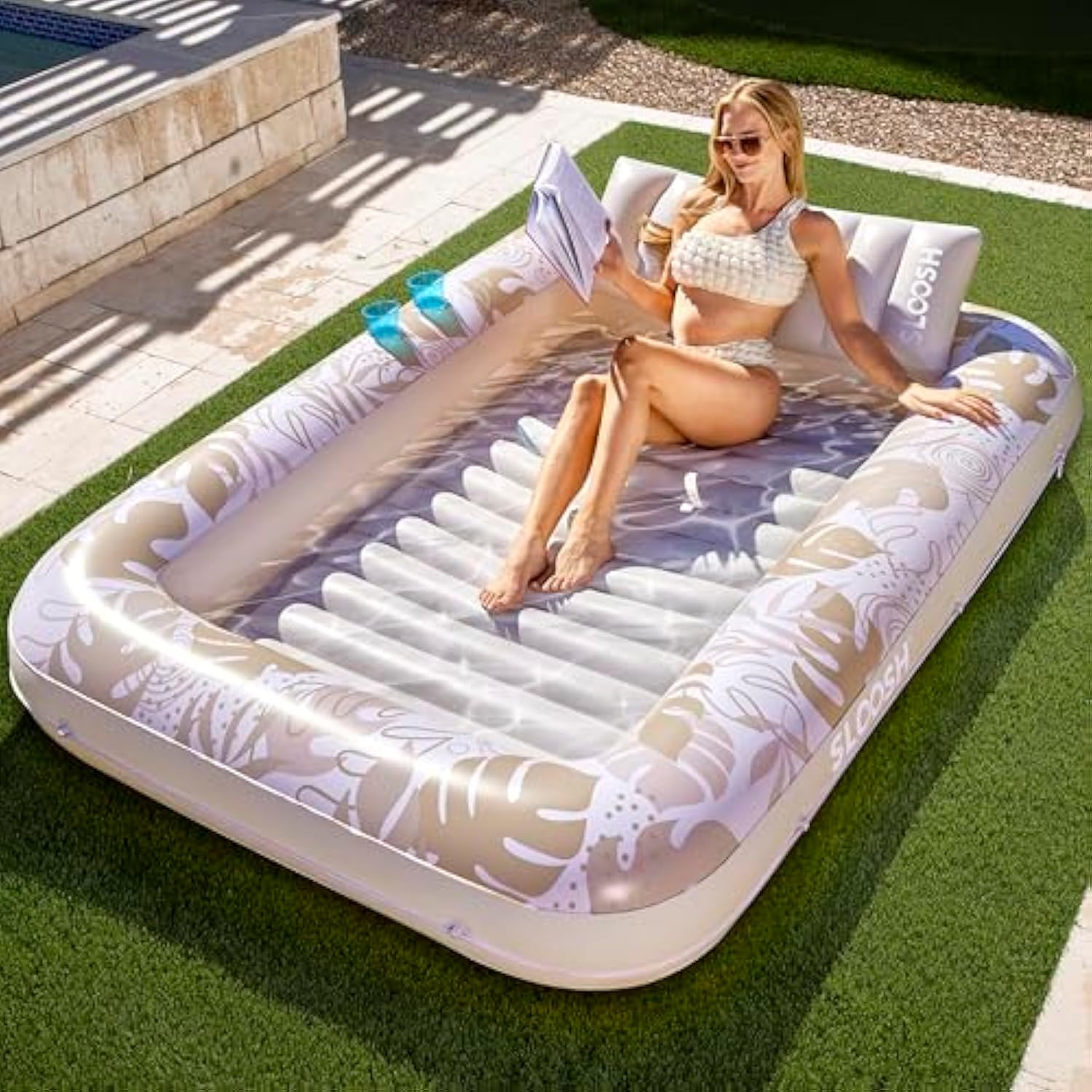💝𝗧𝗼𝗱𝗮𝘆'𝘀 𝗦𝗽𝗲𝗰𝗶𝗮𝗹𝘀💝Buy 2 Get 2 Free💥Sloosh-L/XL Inflatable Tanning Pool Lounge Float With Cup Holder, 70“X46”/85″ x 57″ More Large Sun Tan Tub Adult Pool Floats Raft