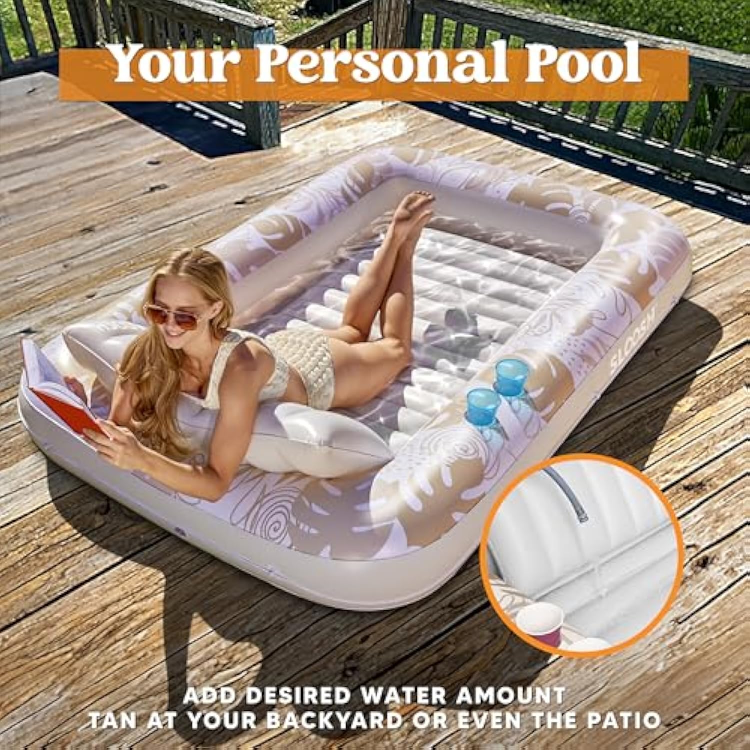 💝𝗧𝗼𝗱𝗮𝘆'𝘀 𝗦𝗽𝗲𝗰𝗶𝗮𝗹𝘀💝Buy 2 Get 2 Free💥Sloosh-L/XL Inflatable Tanning Pool Lounge Float With Cup Holder, 70“X46”/85″ x 57″ More Large Sun Tan Tub Adult Pool Floats Raft