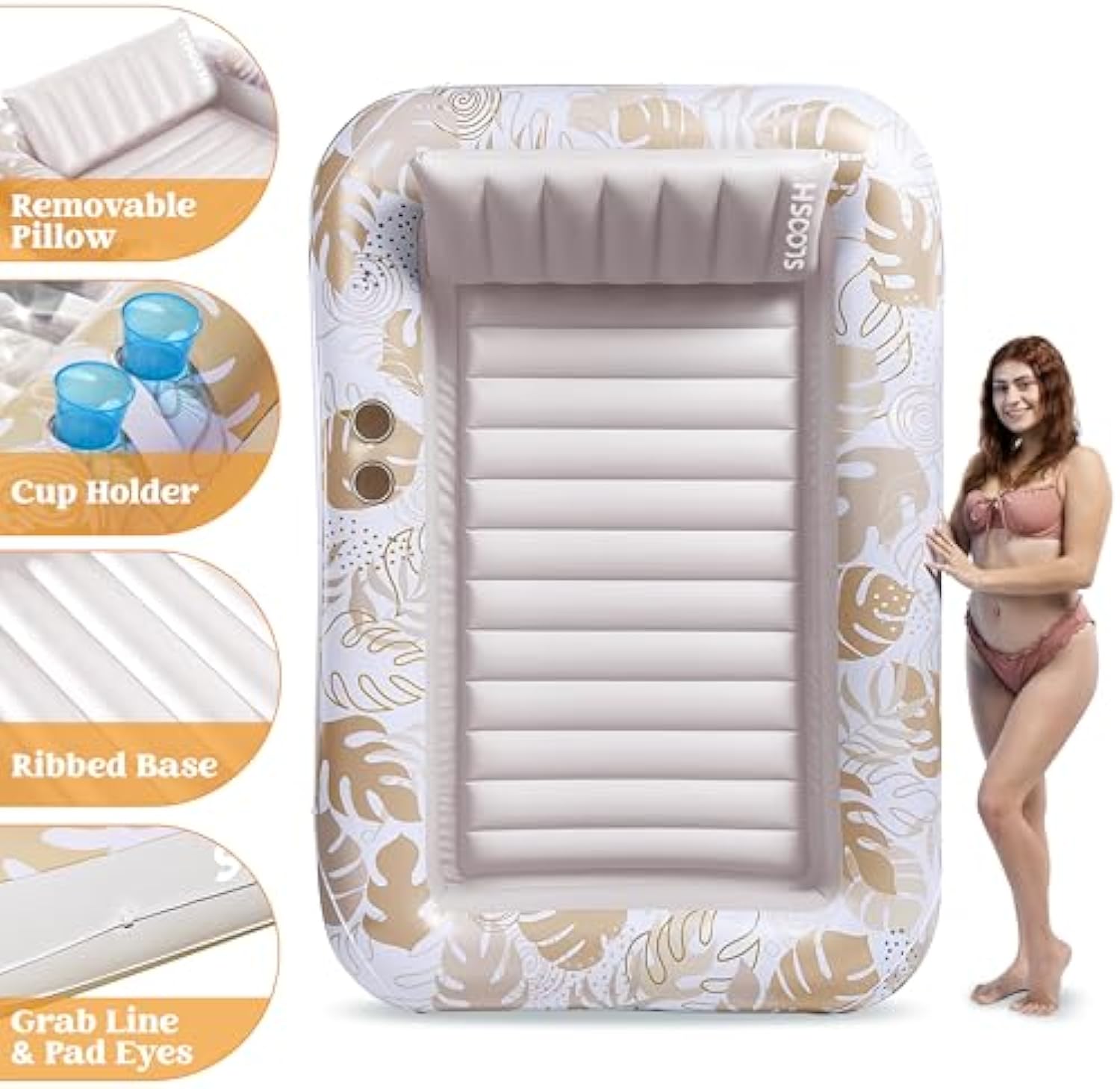 💝𝗧𝗼𝗱𝗮𝘆'𝘀 𝗦𝗽𝗲𝗰𝗶𝗮𝗹𝘀💝Buy 2 Get 2 Free💥Sloosh-L/XL Inflatable Tanning Pool Lounge Float With Cup Holder, 70“X46”/85″ x 57″ More Large Sun Tan Tub Adult Pool Floats Raft