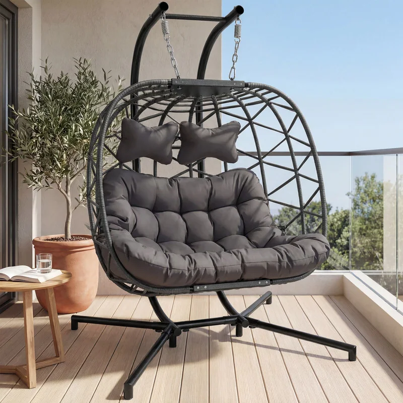 💝Warehouse Clearance，Buy 2 Get 2 Free💝Oversized Outdoor Double Swing Egg Chair, 700 lbs Capacity 2-Person Hanging Egg Chair Swing with Cushion