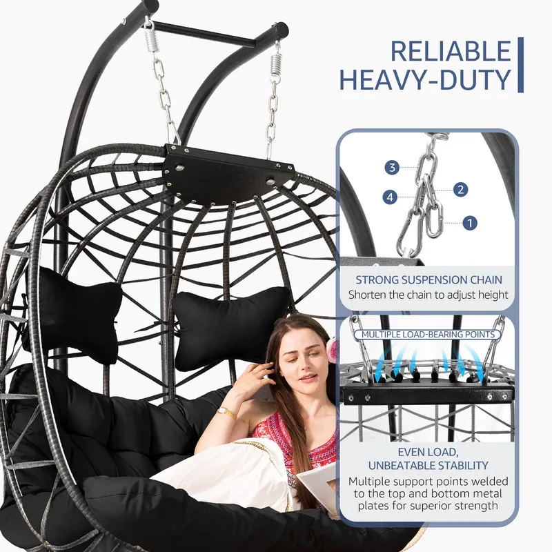💝Warehouse Clearance，Buy 2 Get 2 Free💝Oversized Outdoor Double Swing Egg Chair, 700 lbs Capacity 2-Person Hanging Egg Chair Swing with Cushion