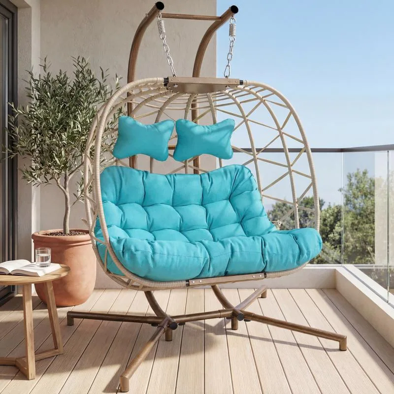 💝Warehouse Clearance，Buy 2 Get 2 Free💝Oversized Outdoor Double Swing Egg Chair, 700 lbs Capacity 2-Person Hanging Egg Chair Swing with Cushion