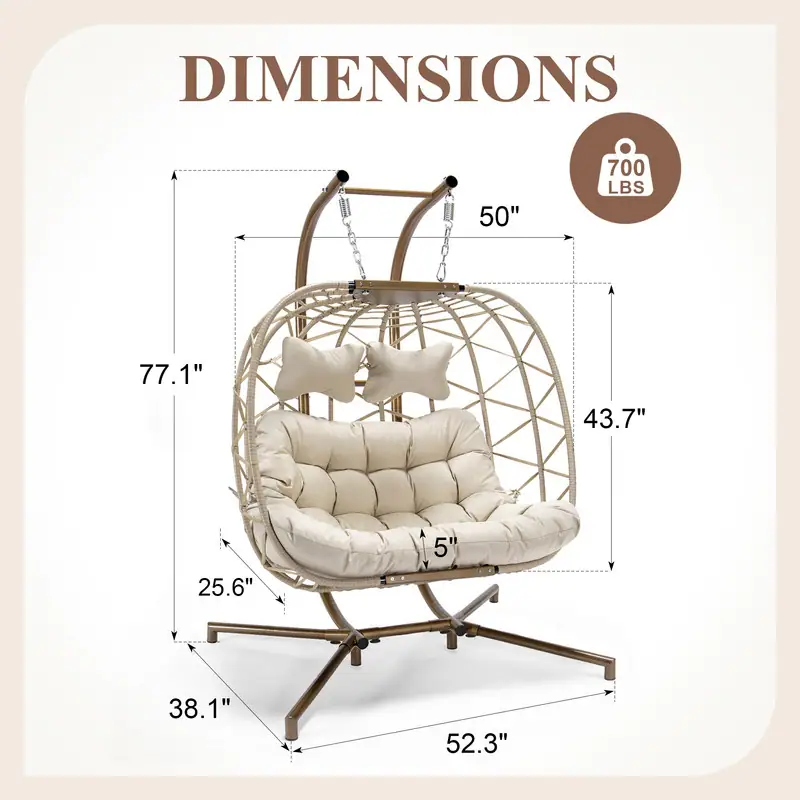💝Warehouse Clearance，Buy 2 Get 2 Free💝Oversized Outdoor Double Swing Egg Chair, 700 lbs Capacity 2-Person Hanging Egg Chair Swing with Cushion