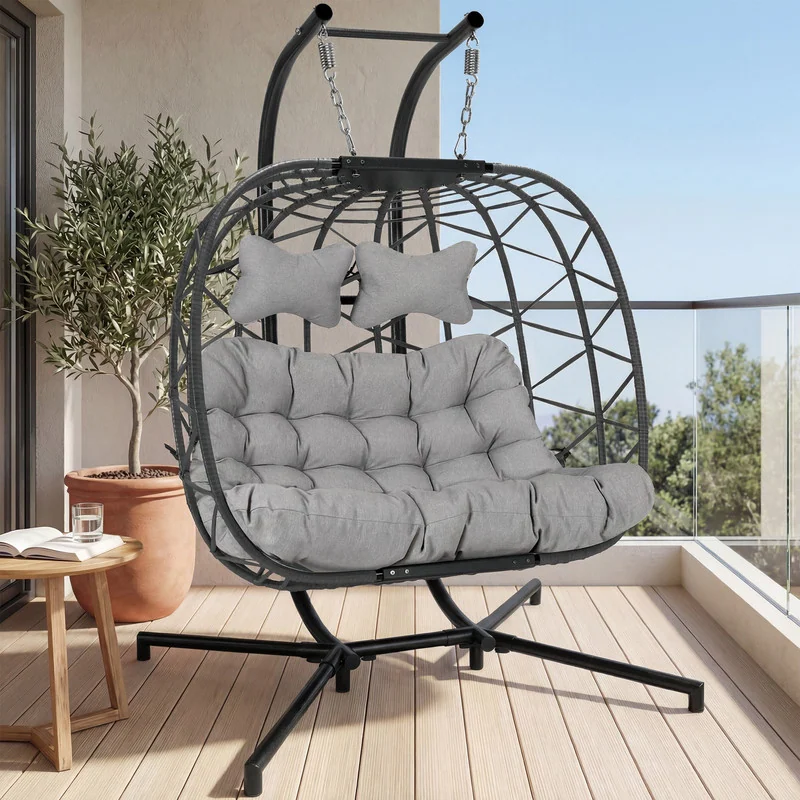 💝Warehouse Clearance，Buy 2 Get 2 Free💝Oversized Outdoor Double Swing Egg Chair, 700 lbs Capacity 2-Person Hanging Egg Chair Swing with Cushion