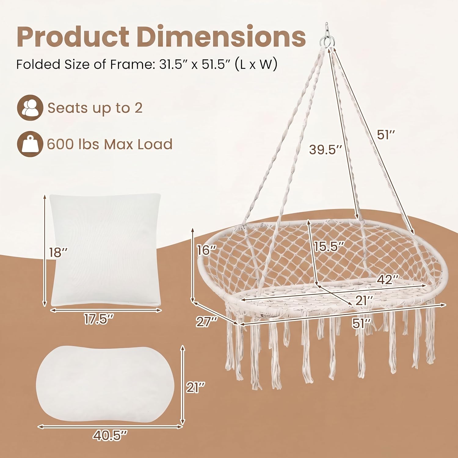 💝Warehouse Clearance，Buy 2 Get 2 Free💝Oversized Outdoor Double Swing Egg Chair, 700 lbs Capacity 2-Person Hanging Egg Chair Swing with Cushion