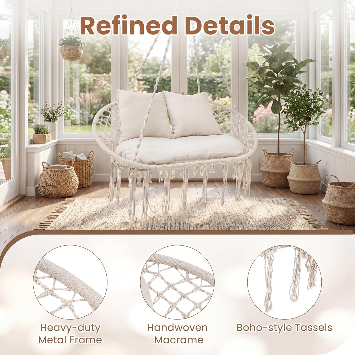 💝Warehouse Clearance，Buy 2 Get 2 Free💝Oversized Outdoor Double Swing Egg Chair, 700 lbs Capacity 2-Person Hanging Egg Chair Swing with Cushion