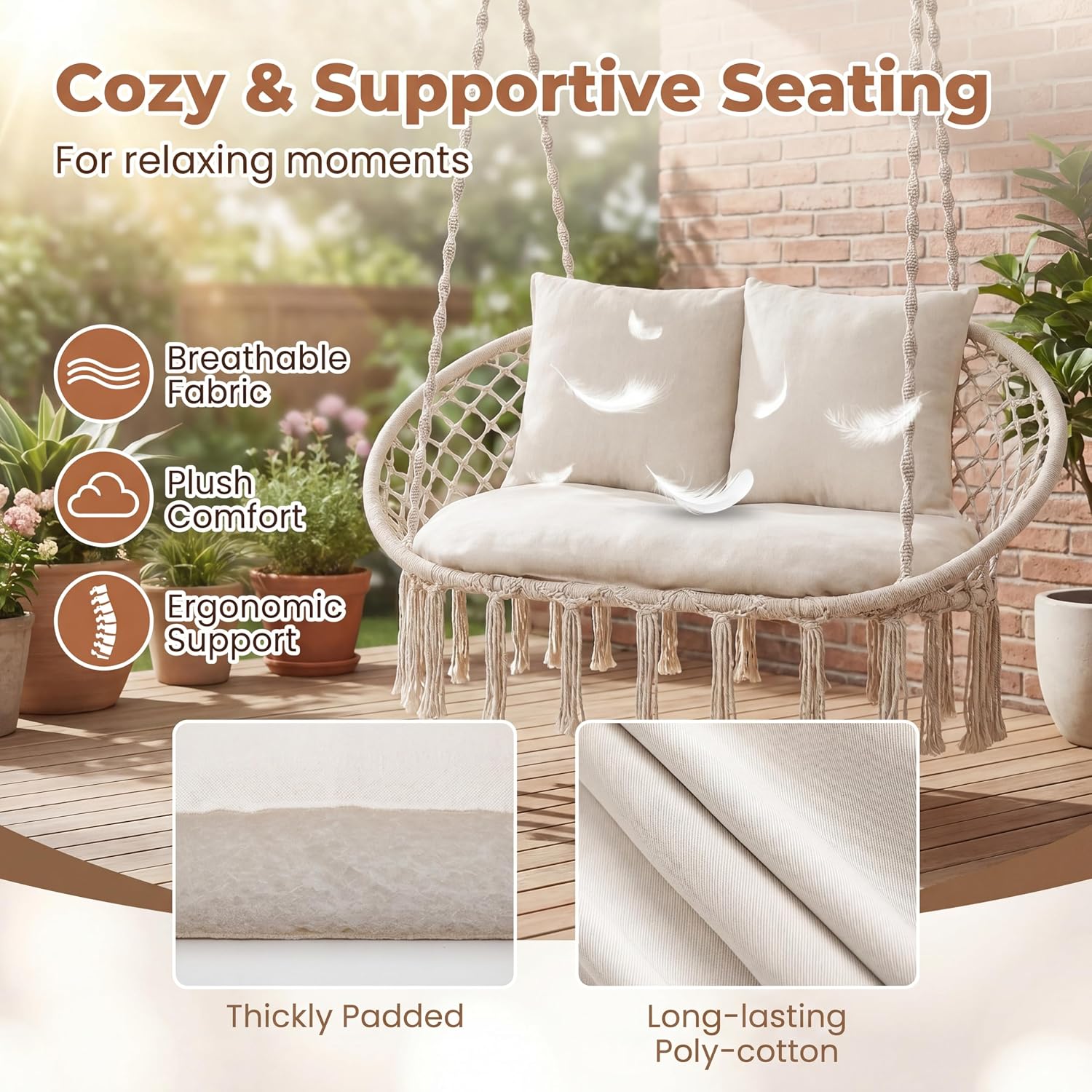 💝Warehouse Clearance，Buy 2 Get 2 Free💝Oversized Outdoor Double Swing Egg Chair, 700 lbs Capacity 2-Person Hanging Egg Chair Swing with Cushion
