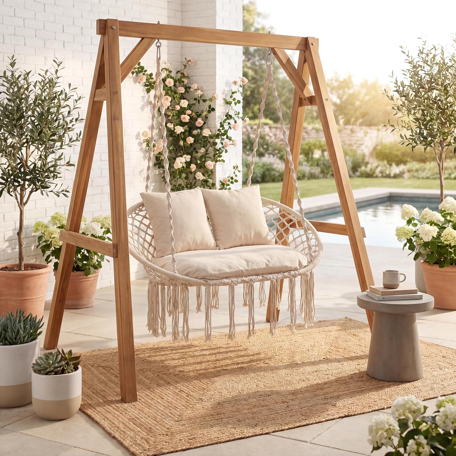 💝Warehouse Clearance，Buy 2 Get 2 Free💝Oversized Outdoor Double Swing Egg Chair, 700 lbs Capacity 2-Person Hanging Egg Chair Swing with Cushion
