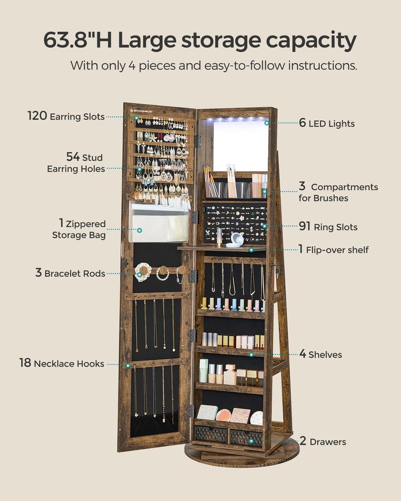💝Warehouse Clearance💝SONGMICS 61-Inch Jewelry Cabinet with Lights