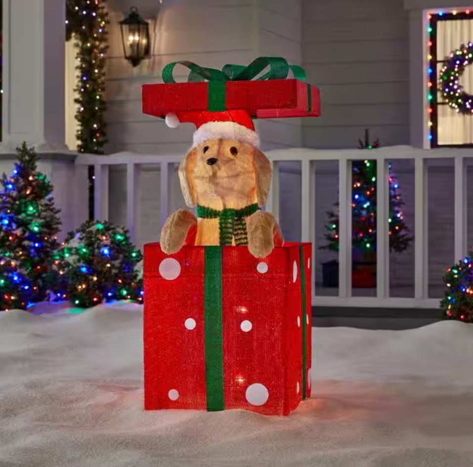 Christmas Clearance 💥3.5 ft. Yuletide Lane LED Golden Retriever in Gift Box Holiday Yard Decoration