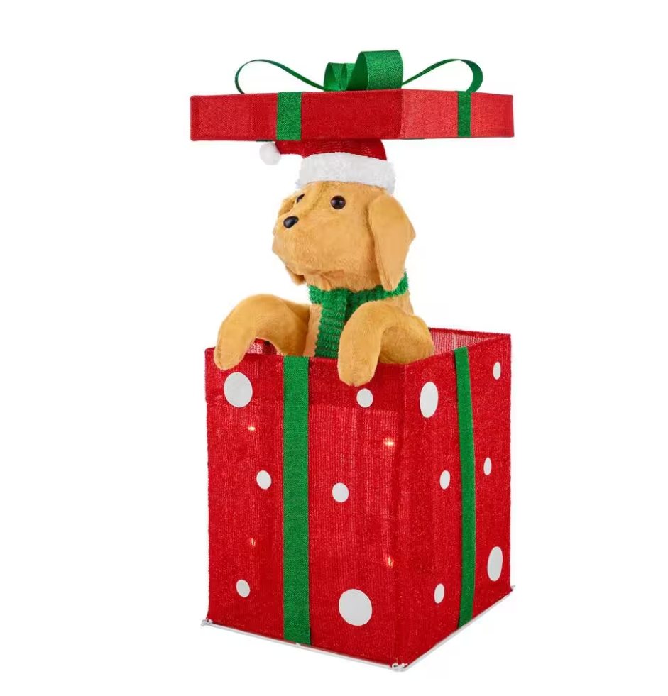 Christmas Clearance 💥3.5 ft. Yuletide Lane LED Golden Retriever in Gift Box Holiday Yard Decoration