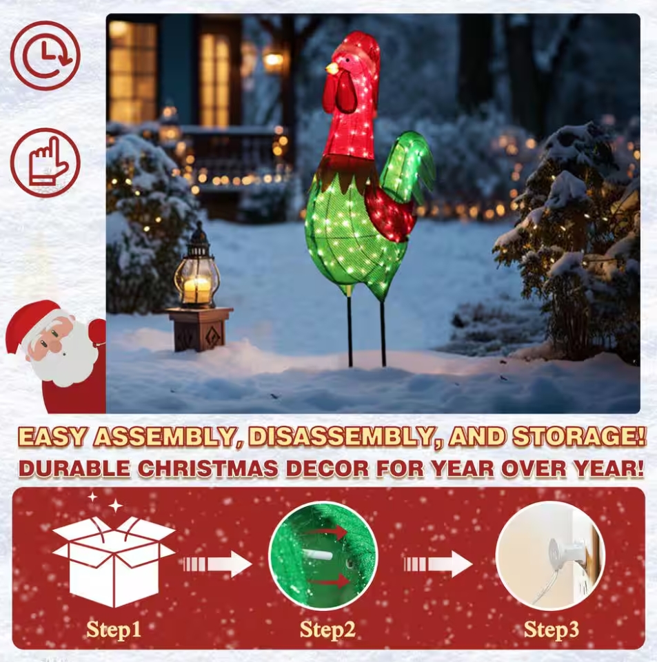 Christmas Clearance 💥6 ft. 3D Rooster Outdoor Christmas Holiday Yard Decoration Warm White Light