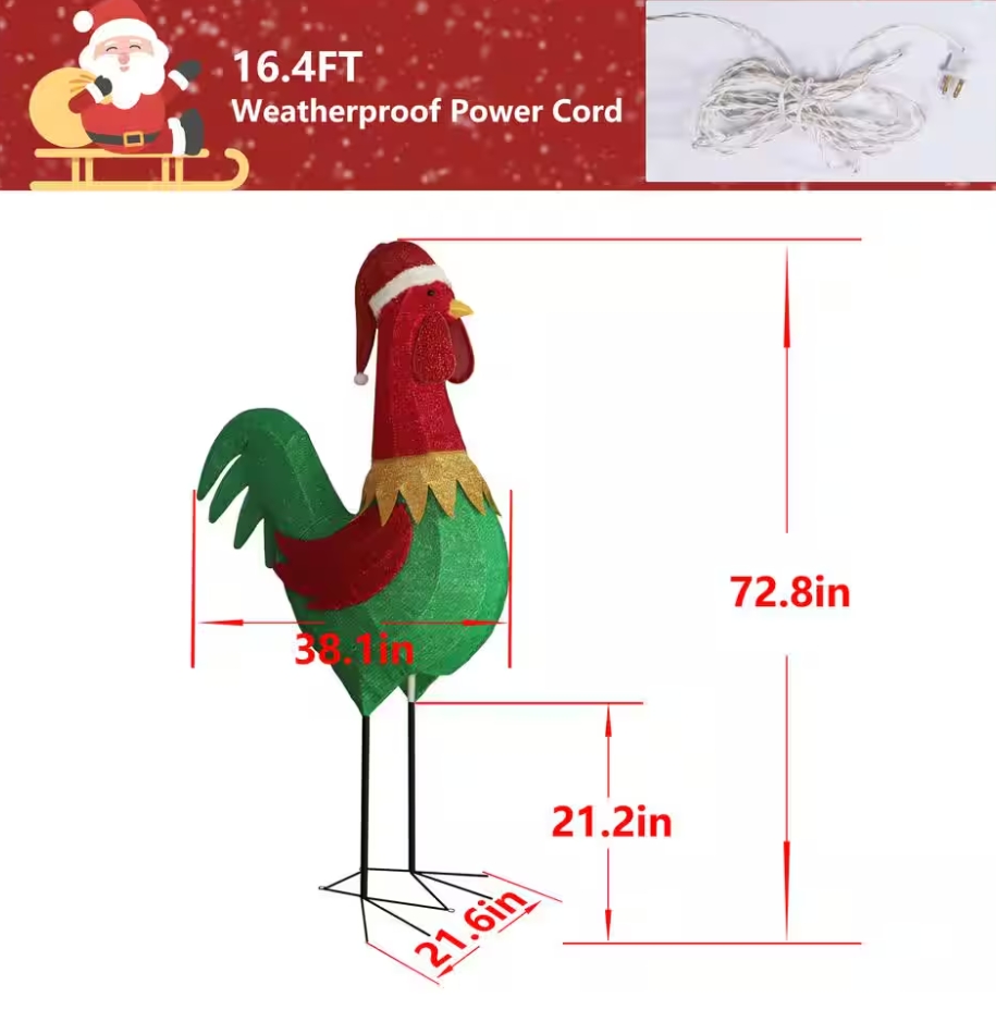 Christmas Clearance 💥6 ft. 3D Rooster Outdoor Christmas Holiday Yard Decoration Warm White Light